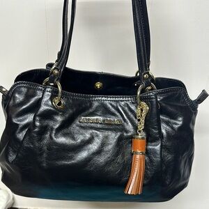 ANTONIO MELANI Black Leather Tote with Gold Hardware